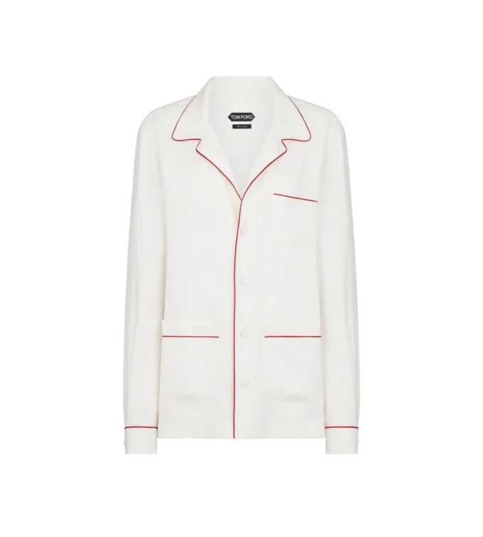 Seiden-Twill-Pyjamahemd mit Paspelierung und tonalem TF-Sticklogo Seiden-Twill-Pyjamahemd mit Paspelierung und tonalem TF-Sticklogo