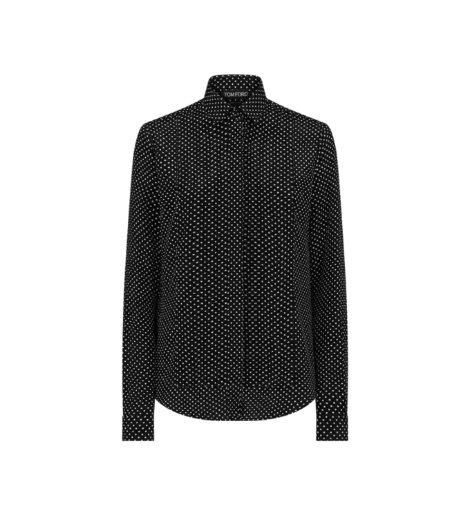 Seidenkrepp-Bluse mit Polka-Dots und Plissee-Plastron