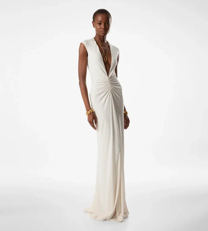 Stretch-Jersey-Abendkleid mit tiefem V-Ausschnitt