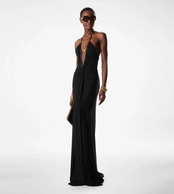 Stretch-Jersey-Abendkleid mit tiefem V-Ausschnitt Stretch-Jersey-Abendkleid mit tiefem V-Ausschnitt