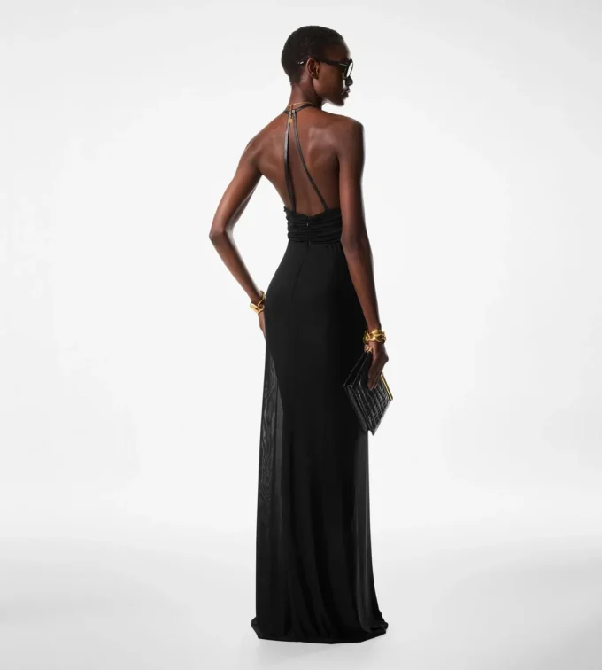 Stretch-Jersey-Abendkleid mit tiefem V-Ausschnitt Stretch-Jersey-Abendkleid mit tiefem V-Ausschnitt