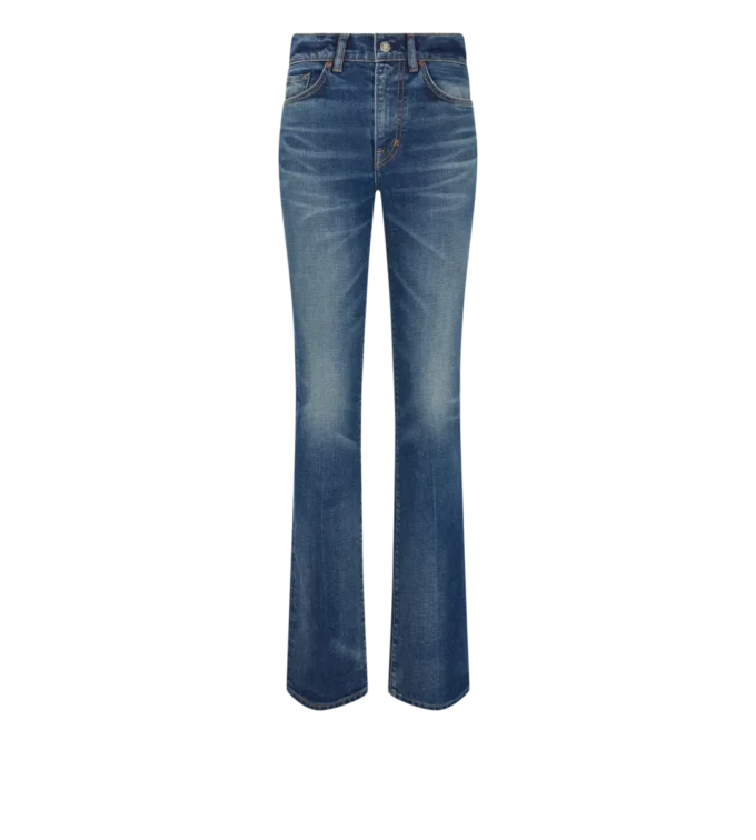Stretch-Raw-Denim-Hose mit ausgestelltem Bein