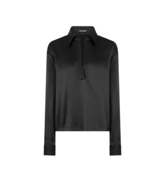 Stretch-Seidensatin-Polo mit tonalem TF-Sticklogo