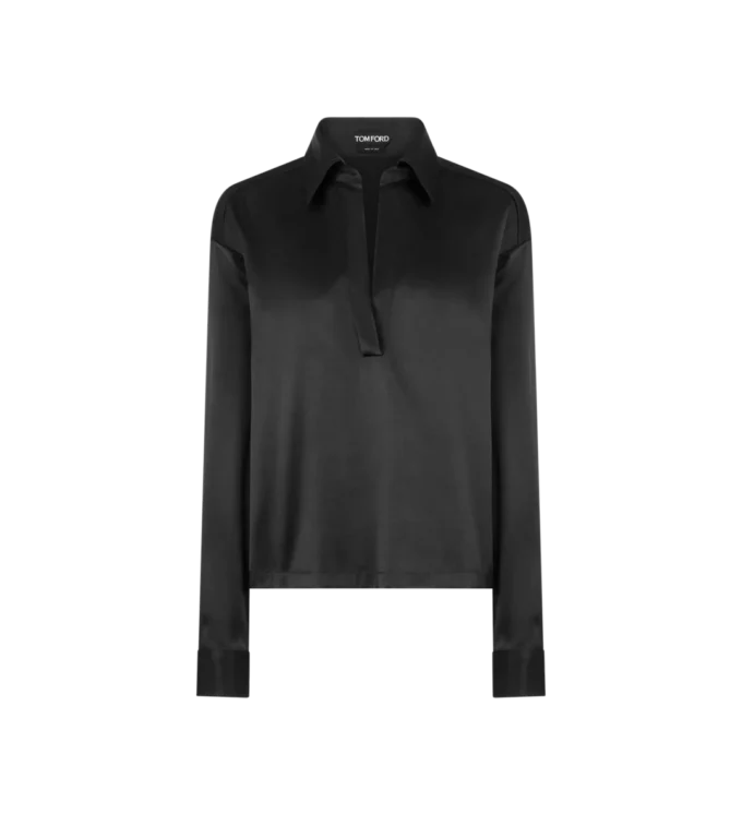 Stretch-Seidensatin-Polo mit tonalem TF-Sticklogo