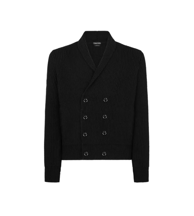 Strickjacke mit Schalkragen aus Wolle und Seide Strickjacke mit Schalkragen aus Wolle und Seide