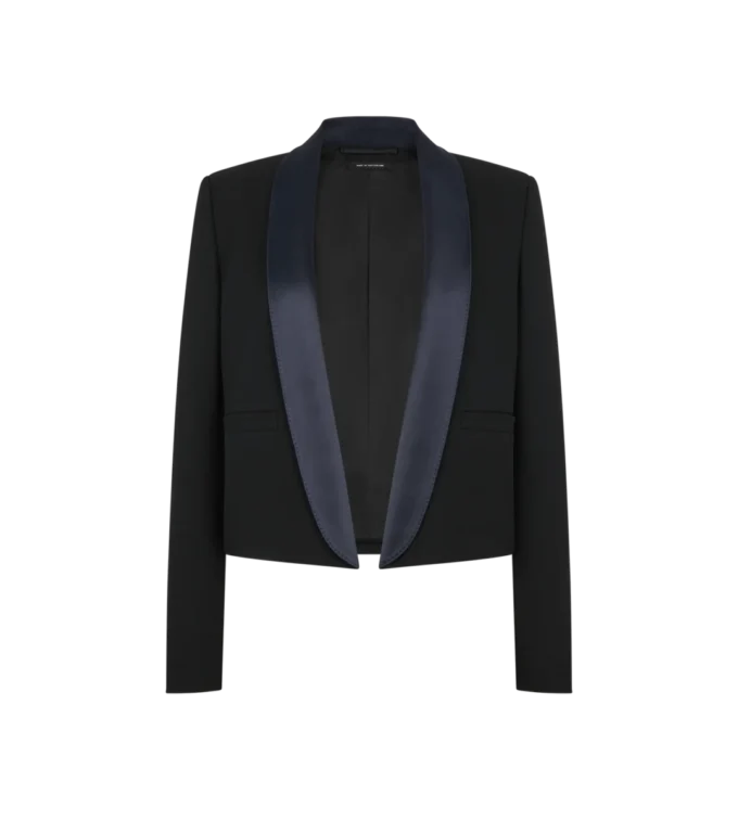 Zweifarbige, einreihige Smokingjacke mit Schalkragen und verkürztem Schnitt Zweifarbige, einreihige Smokingjacke mit Schalkragen und verkürztem Schnitt