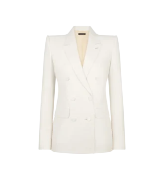 Zweireihige Jacke aus Wolle und Seide mit Schattenstreifen und Spitzkragen