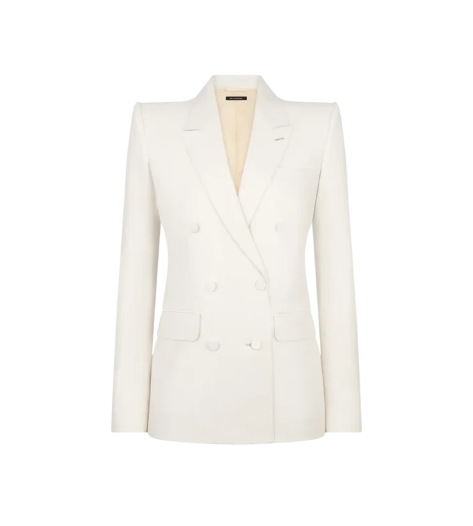 Zweireihige Jacke aus Wolle und Seide mit Schattenstreifen und Spitzkragen Zweireihige Jacke aus Wolle und Seide mit Schattenstreifen und Spitzkragen